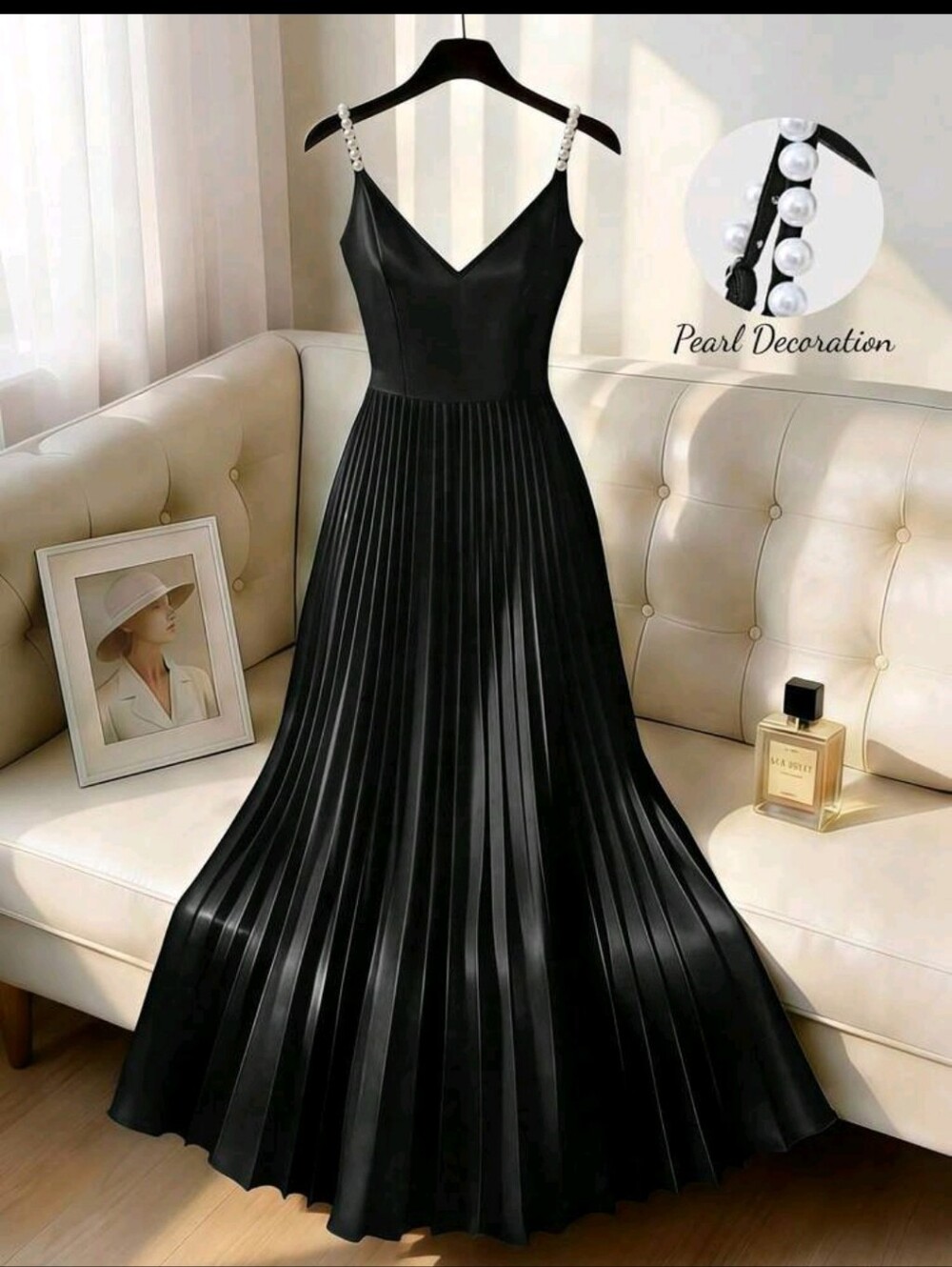 SALE ** BRAND NEW ** Elegant Black Pearl-Trim Maxi Dress